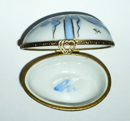 LIMOGES FRANCE BOX ~ EASTER EGG ~ BLUE & GOLD BOW ~ TOP SIGNED ~ PEINT MAIN