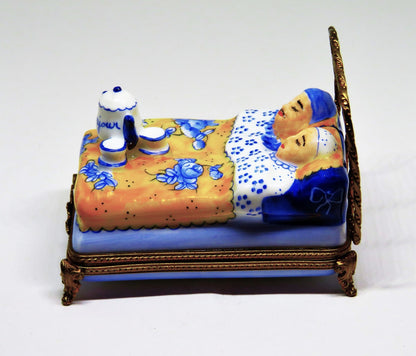 LIMOGES FRANCE BOX - COUPLE IN A BRASS BED - COFFEE  POT & CUPS - "BONJOUR"