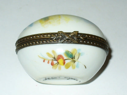 LIMOGES BOX - VINTAGE EASTER EGG & RURAL LANDSCAPE SCENE -SILO & STREAM- FLOWERS