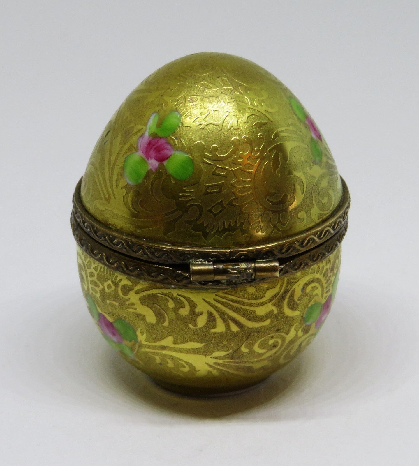 LIMOGES FRANCE BOX -DUMONT- VINTAGE GOLD INCRUSTATION EGG & PINK ROSES - FLOWERS