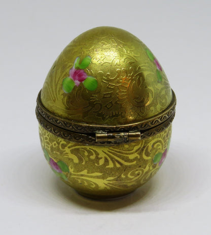 LIMOGES FRANCE BOX -DUMONT- VINTAGE GOLD INCRUSTATION EGG & PINK ROSES - FLOWERS