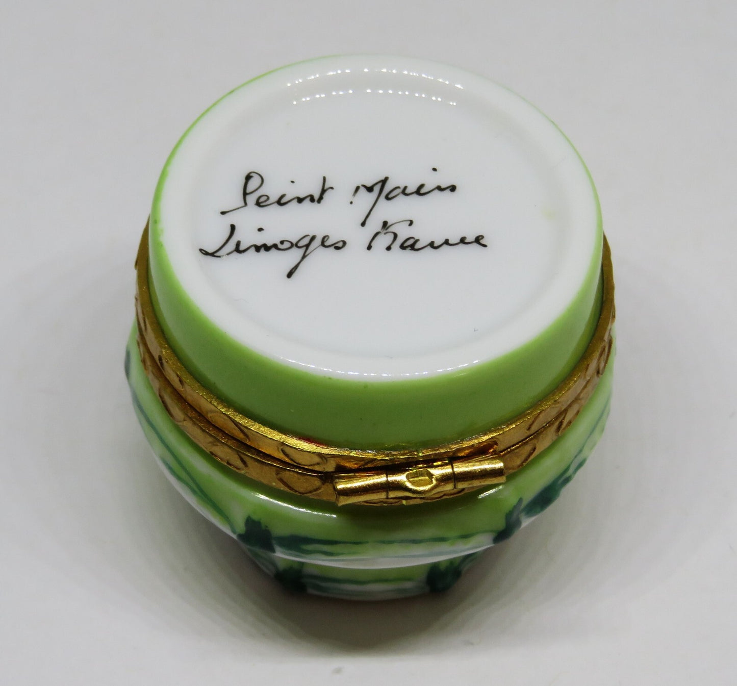 LIMOGES FRANCE BOX ~ MINT GREEN BIRTHDAY CAKE & BALLOONS ~ PEINT MAIN