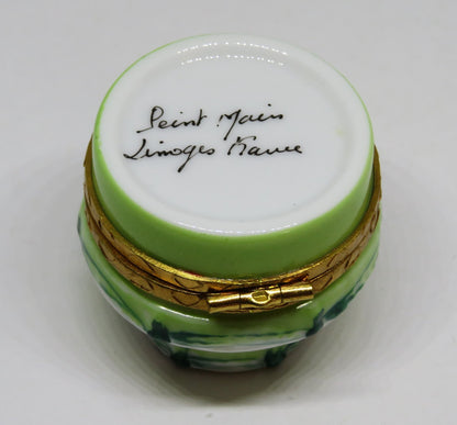 LIMOGES FRANCE BOX ~ MINT GREEN BIRTHDAY CAKE & BALLOONS ~ PEINT MAIN