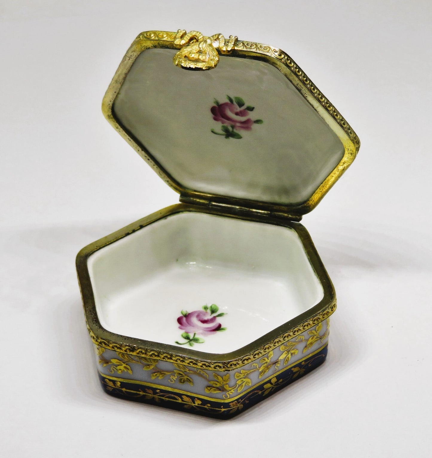 LIMOGES FRANCE HEXAGON BOX - LE TALLEC - FLOWERS & GOLD VINES - ROSES - 1960