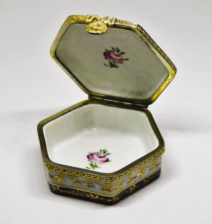 LIMOGES FRANCE HEXAGON BOX - LE TALLEC - FLOWERS & GOLD VINES - ROSES - 1960