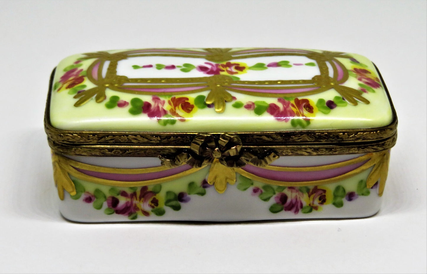 LIMOGES FRANCE BOX - FLORAL STAMP BOX - FLOWERS - ROSES - RIBBONS & TASSELS