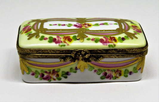 LIMOGES FRANCE BOX - FLORAL STAMP BOX - FLOWERS - ROSES - RIBBONS & TASSELS