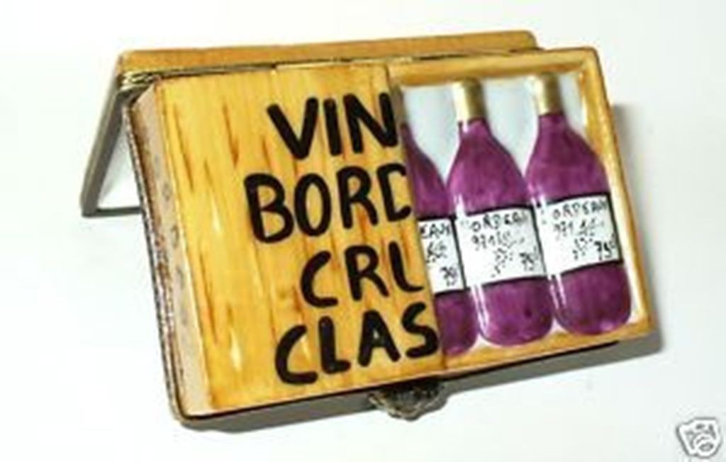 LIMOGES FRANCE BOX ~ CHAMART ~ WOODEN WINE CRATE & BORDEAUX BOTTLES ~ PEINT MAIN