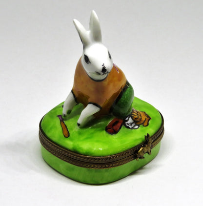 LIMOGES BOX - PARRY-VIELLE - BASEBALL PLAYING BUNNY - RABBIT - BALL & BAT & MITT