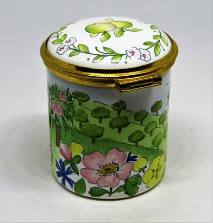 STAFFORDSHIRE ENAMELS STAMP BOX - FRUIT ORCHARD & BEE HIVES - FLOWERS & TREES