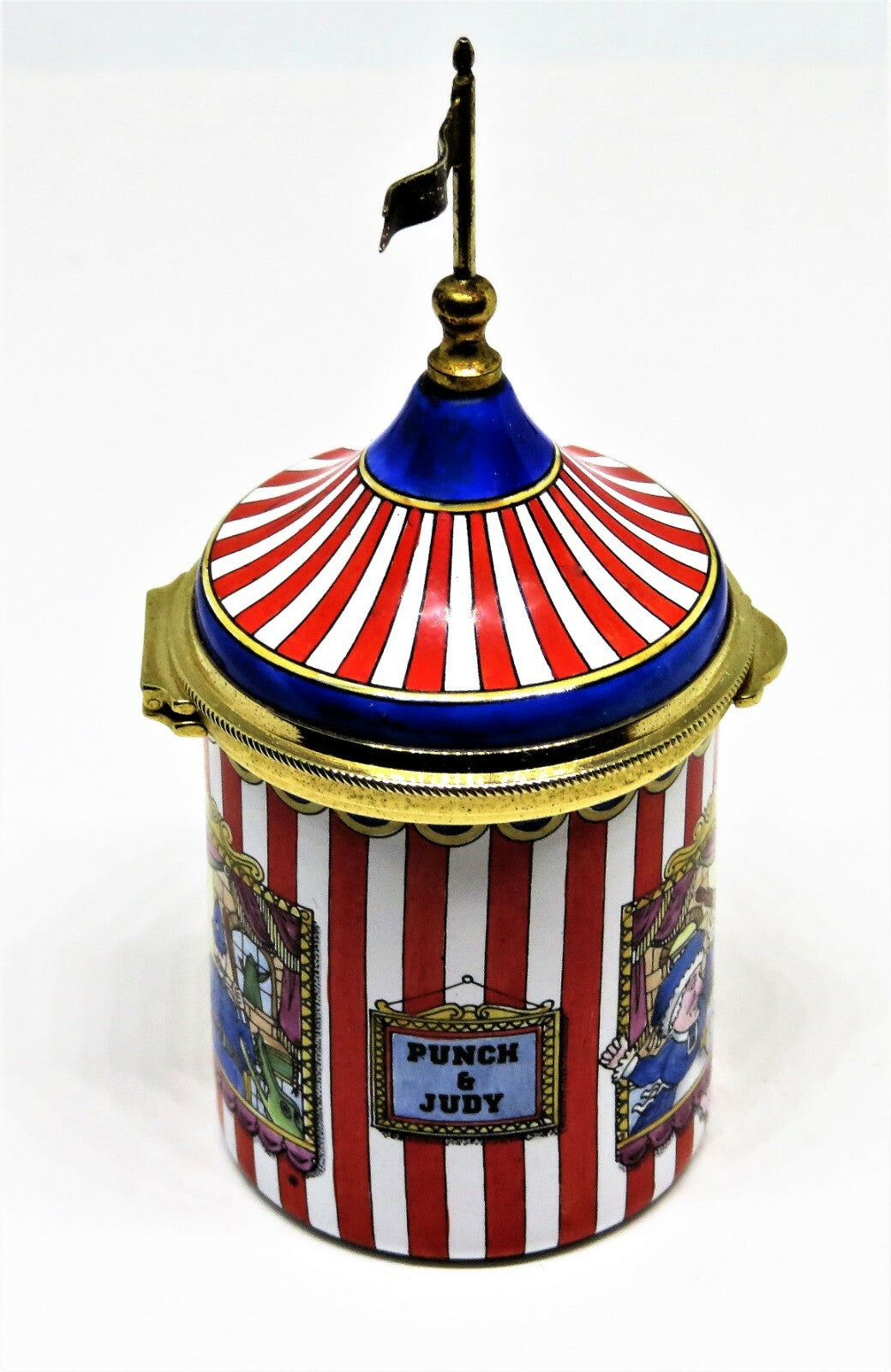 STAFFORDSHIRE ENGLISH ENAMELS BOX - STRIPED TENT WITH PUNCH & JUDY PUPPET SHOW