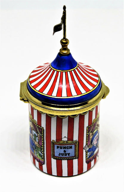 STAFFORDSHIRE ENGLISH ENAMELS BOX - STRIPED TENT WITH PUNCH & JUDY PUPPET SHOW