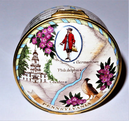 HALCYON DAYS ENAMEL BOX -STATE OF PENNSYLVANIA- INDEPENDENCE HALL - WILLIAM PENN
