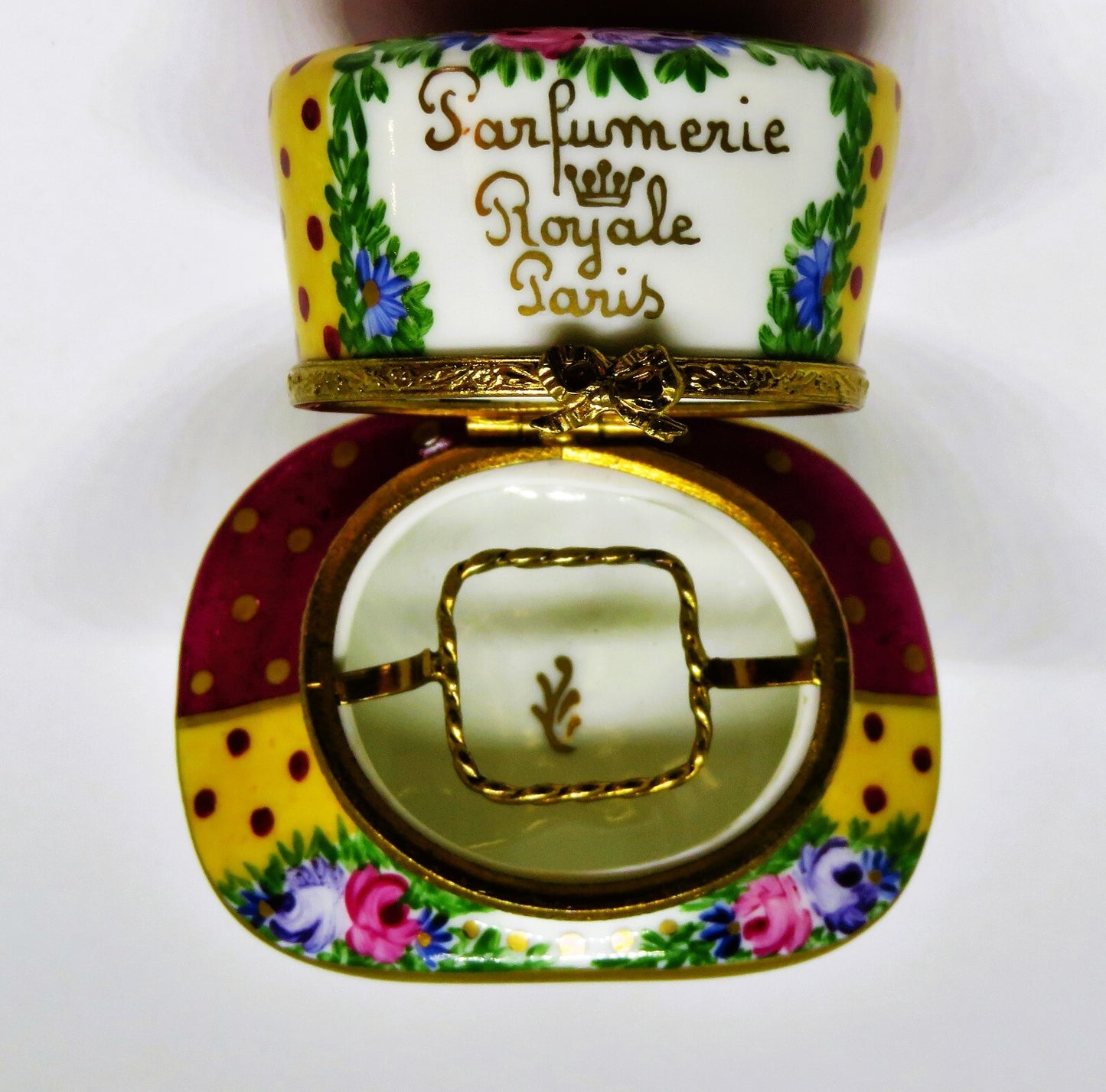 LIMOGES FRANCE BOX - PARIS PARFUMERIE HAT & PERFUME BOTTLE - FLOWERS - ROSES
