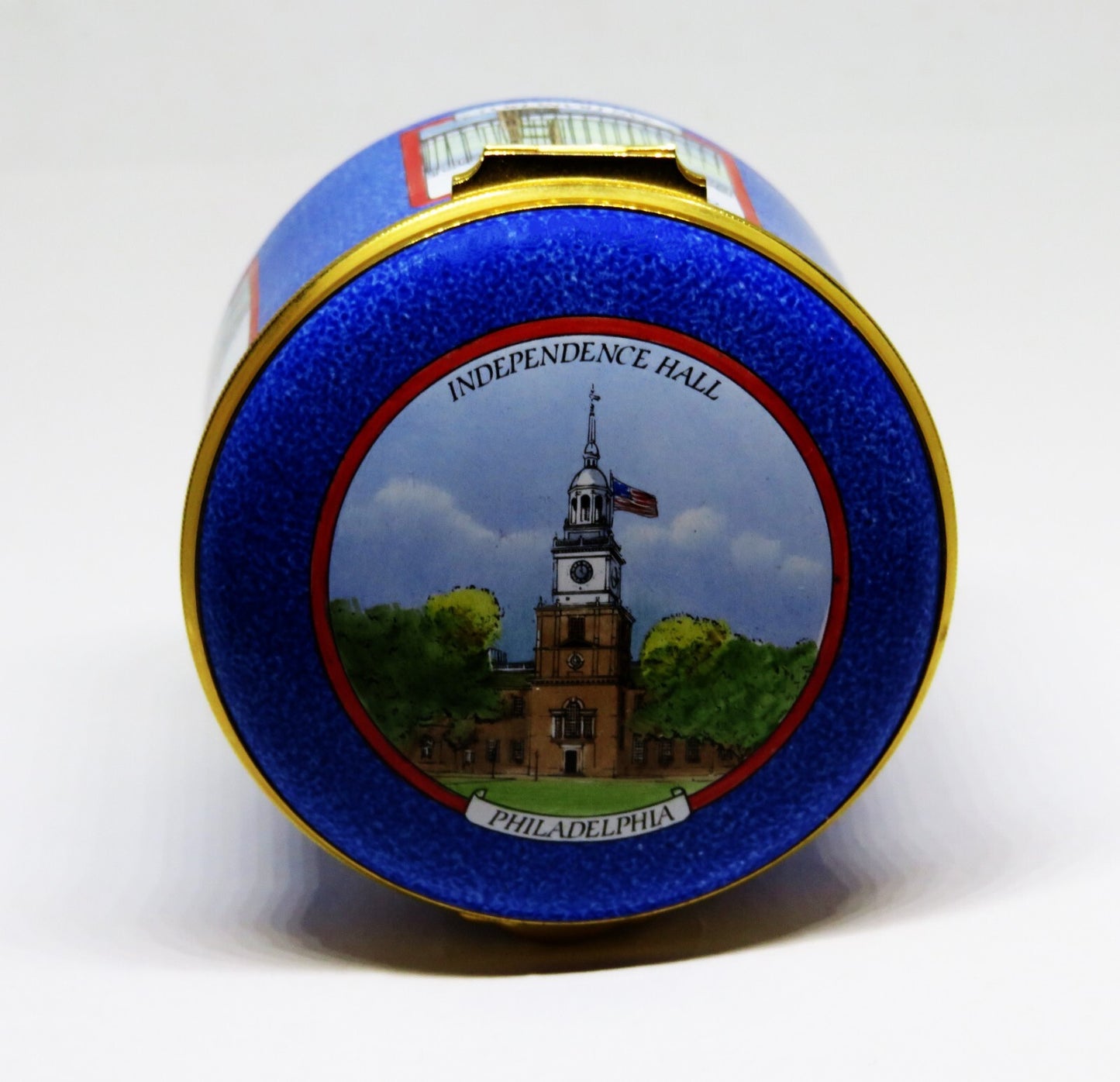 STAFFORDSHIRE ENGLISH ENAMEL BOX - U. S. LANDMARKS - STATUE OF LIBERTY - CAPITOL