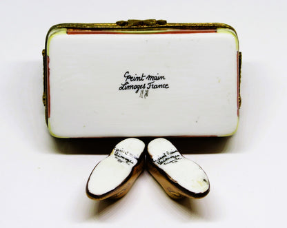 LIMOGES FRANCE BOX - SHOE BOX & DISPLAY RACK & PAIR OF MEN'S SHOES - SHOE HORN