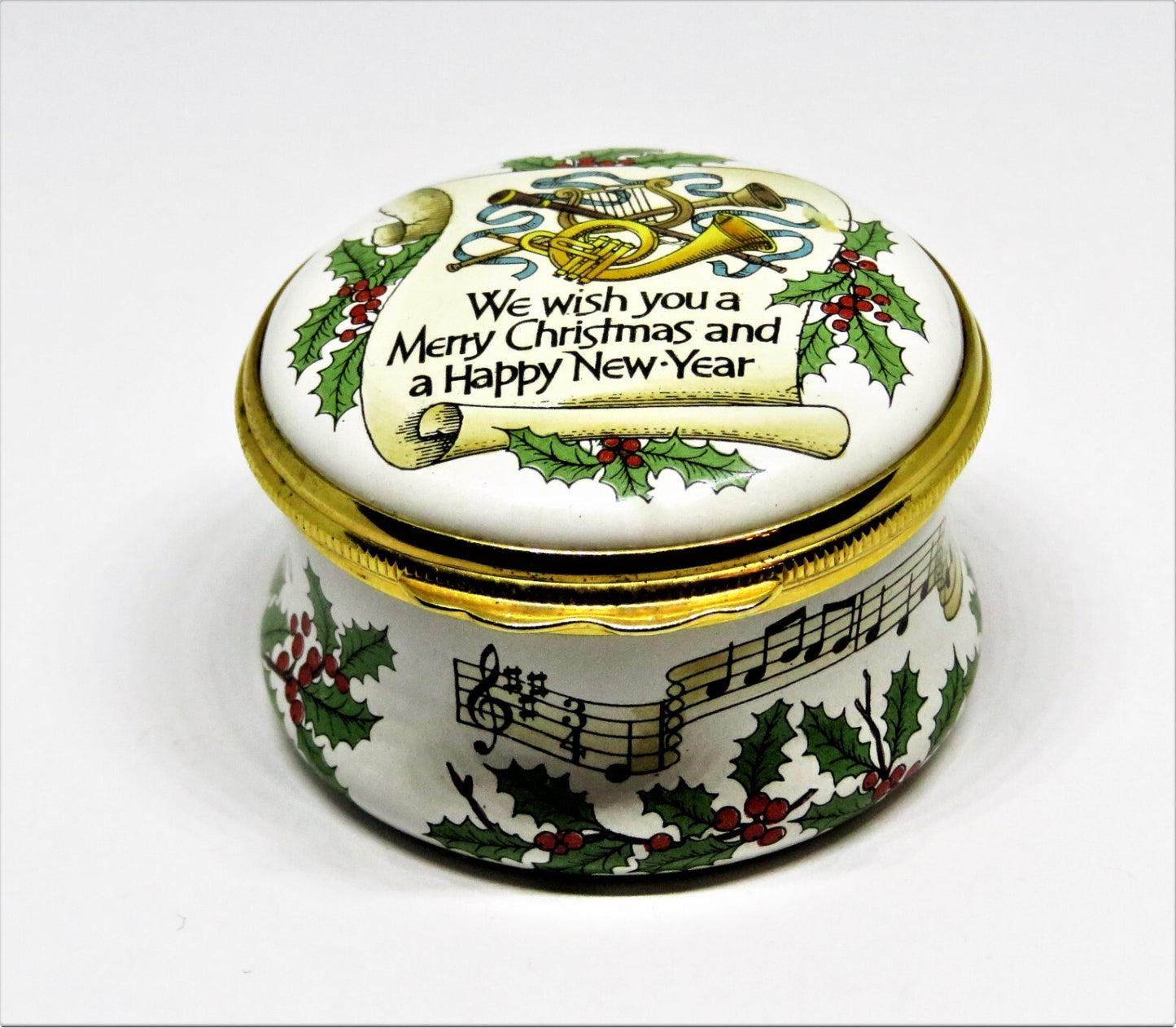 HALCYON DAYS ENAMEL MUSIC BOX - "WE WISH YOU A MERRY CHRISTMAS" - HOLLY - MIB