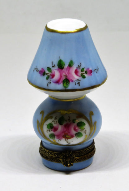 LIMOGES FRANCE BOX - CHAMART - BLUE FLORAL TABLE LAMP - PINK ROSES