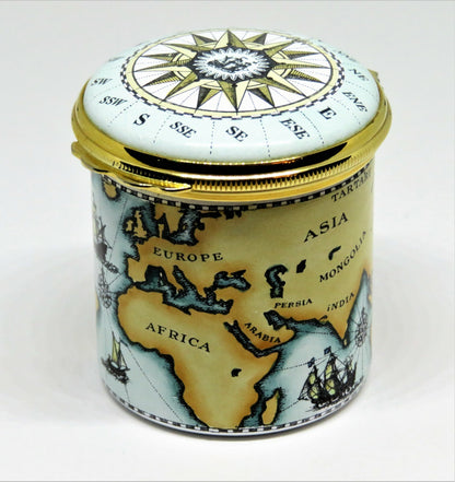 HALCYON DAYS ENAMEL BOX - ANTIQUE NAUTICAL MAP - MASTED SAILING SHIPS - COMPASS