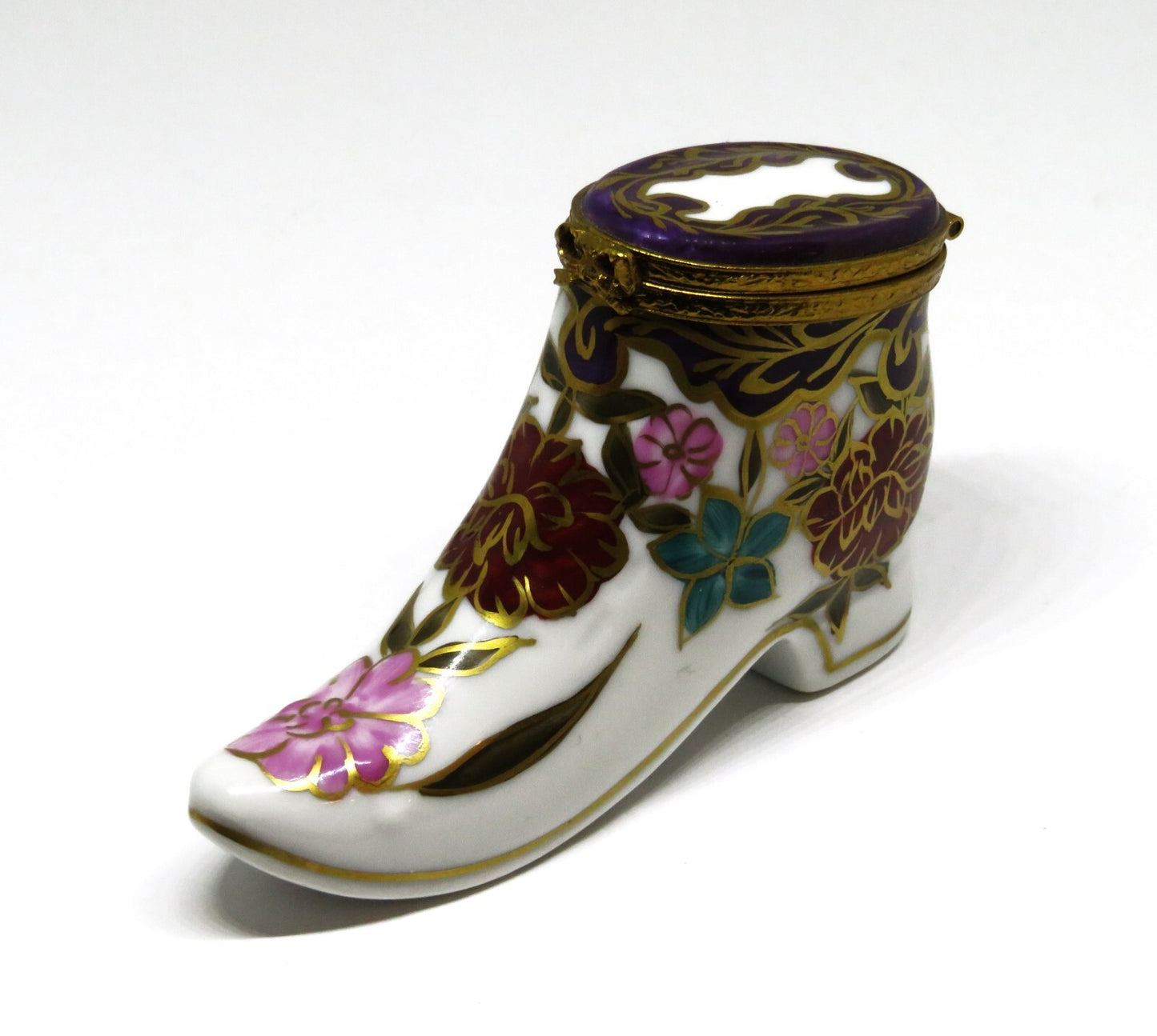 LIMOGES BOX ~ OLD-FASHIONED HIGH TOPPED LADY'S FLORAL SHOE ~ BOOT ~ PEINT MAIN