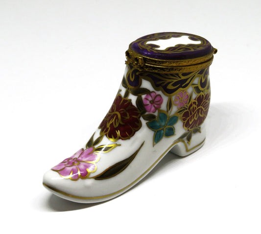 LIMOGES BOX ~ OLD-FASHIONED HIGH TOPPED LADY'S FLORAL SHOE ~ BOOT ~ PEINT MAIN