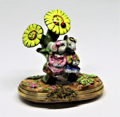 LIMOGES FRANCE BOX - MOUSE COUPLE & SUNFLOWERS - MICE IN LOVE - ANNVERSARY