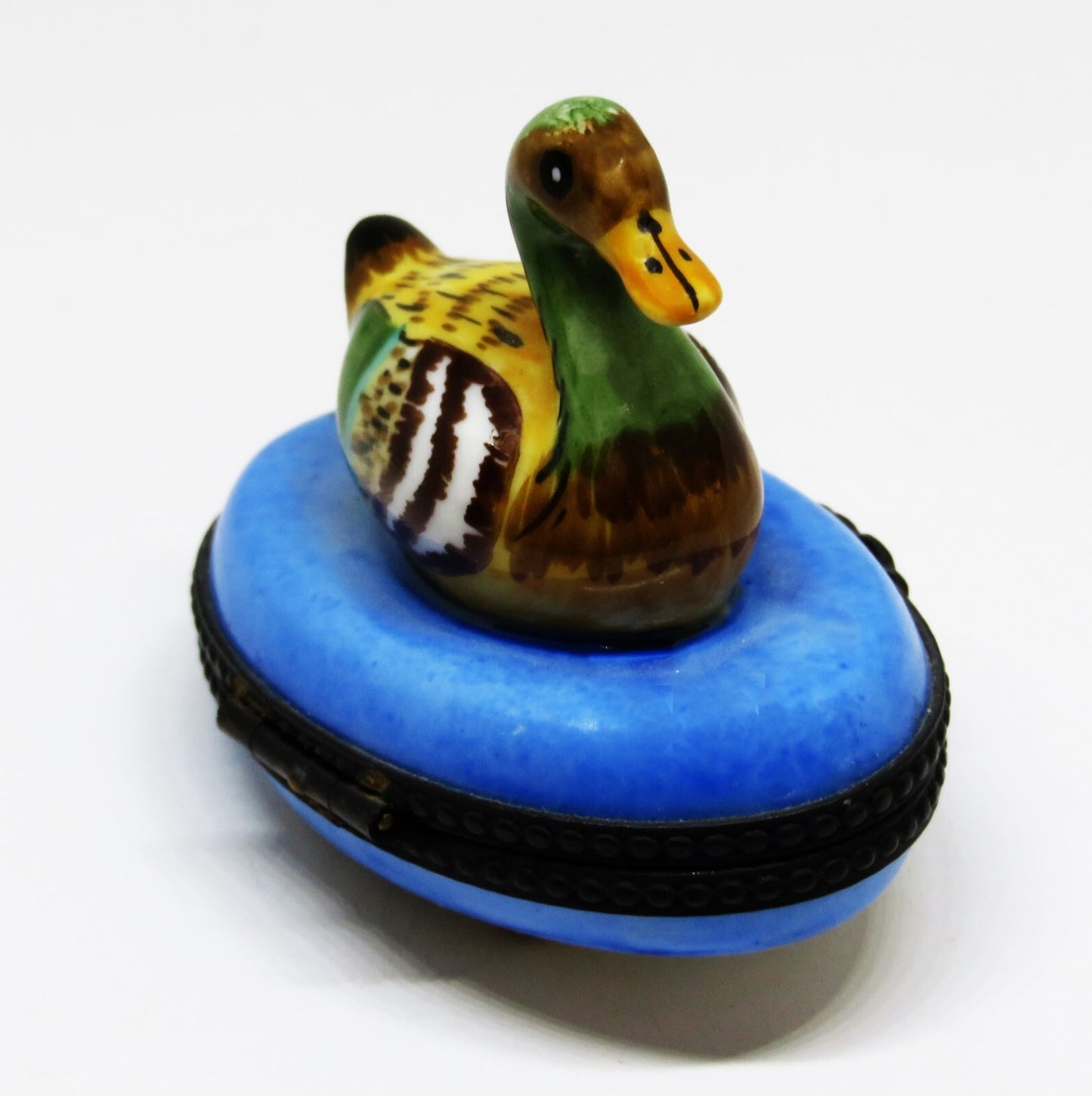 LIMOGES FRANCE BOX - COLORFUL MALLARD DUCK IN BLUE POND - REEDS & CATTAIL INSIDE