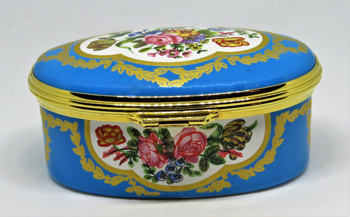 HALCYON DAYS ENGLISH ENAMEL BOX - FLORAL - SEVRES PORCELAIN PLAQUE 1780 - MIB