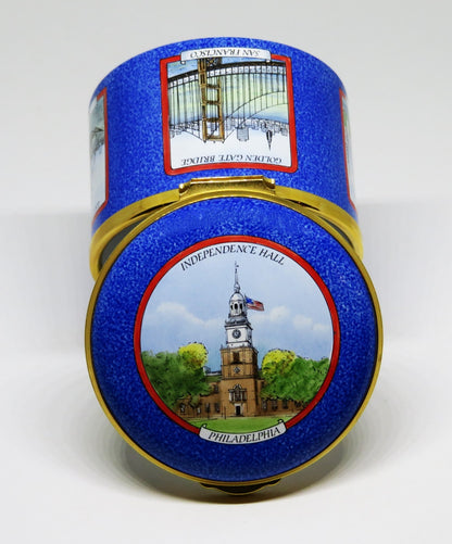 STAFFORDSHIRE ENGLISH ENAMEL BOX - U. S. LANDMARKS - STATUE OF LIBERTY - CAPITOL