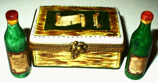 LIMOGES FRANCE BOX ~WINE CRATE & TWO WINE BOTTLES~ WINE LIST ~GRAPES~ PEINT MAIN