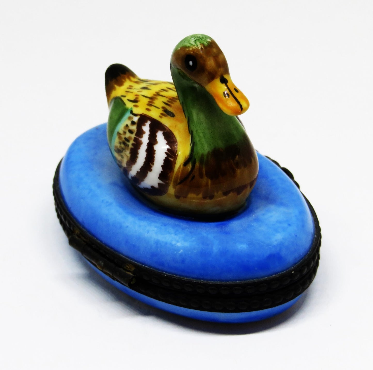 LIMOGES FRANCE BOX - COLORFUL MALLARD DUCK IN BLUE POND - REEDS & CATTAIL INSIDE