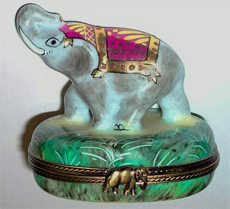 LIMOGES FRANCE BOX -ASIAN ELEPHANT & CEREMONIAL ATTIRE- JUNGLE FOLIAGE & SHRUBS