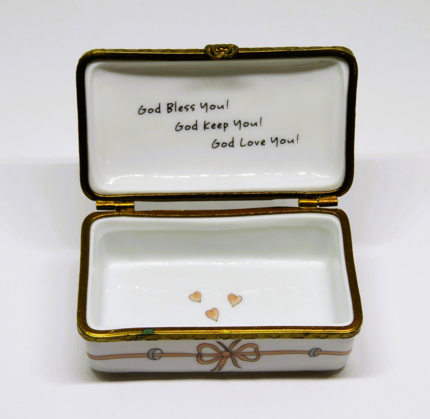 LIMOGES FRANCE BOX - ROCHARD - 3 LITTLE ANGELS - PINK HEARTS - "GOD BLESS YOU!"