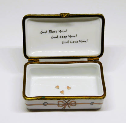 LIMOGES FRANCE BOX - ROCHARD - 3 LITTLE ANGELS - PINK HEARTS - "GOD BLESS YOU!"