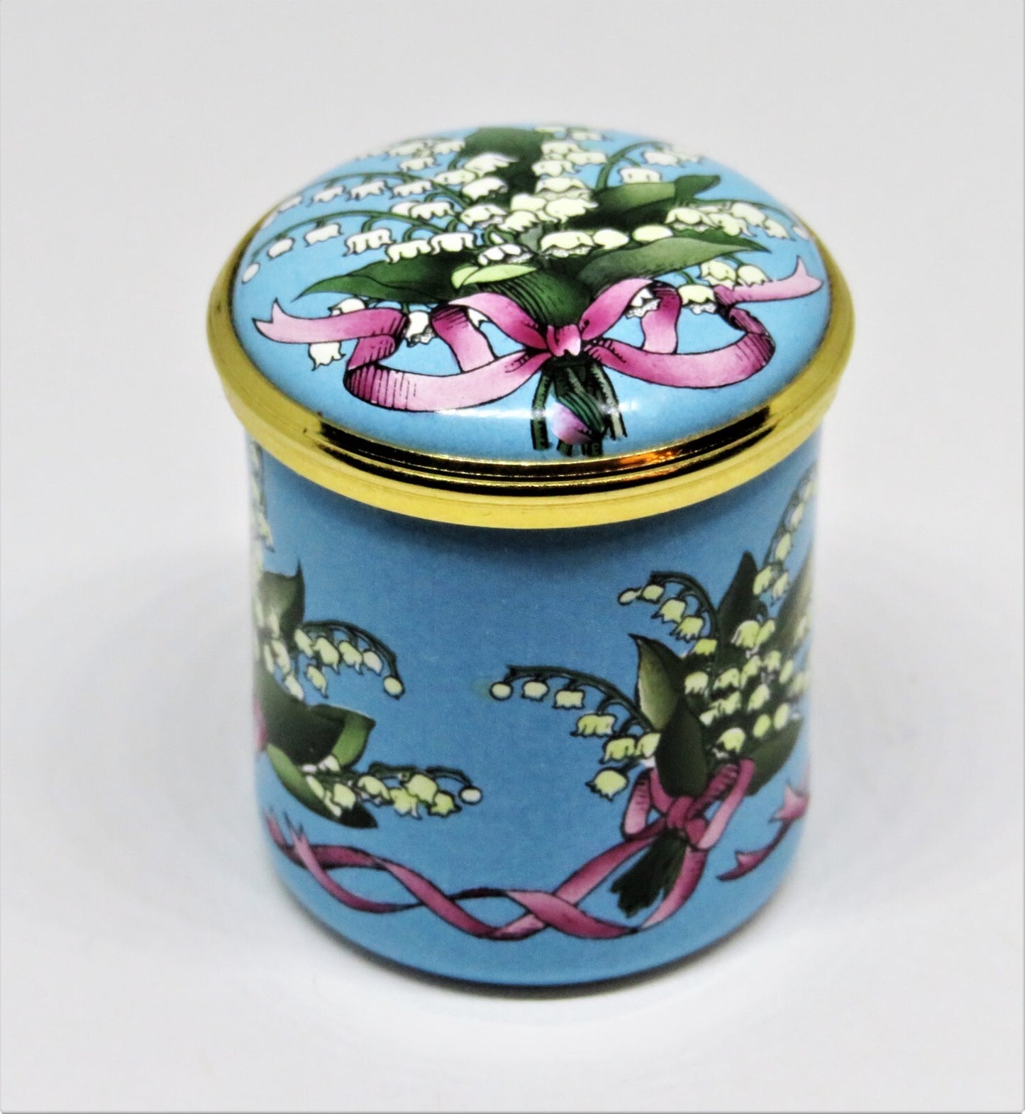 HALCYON DAYS ENAMEL BOX - BOUQUETS OF LILY OF THE VALLEY - FLOWERS - RIBBONS