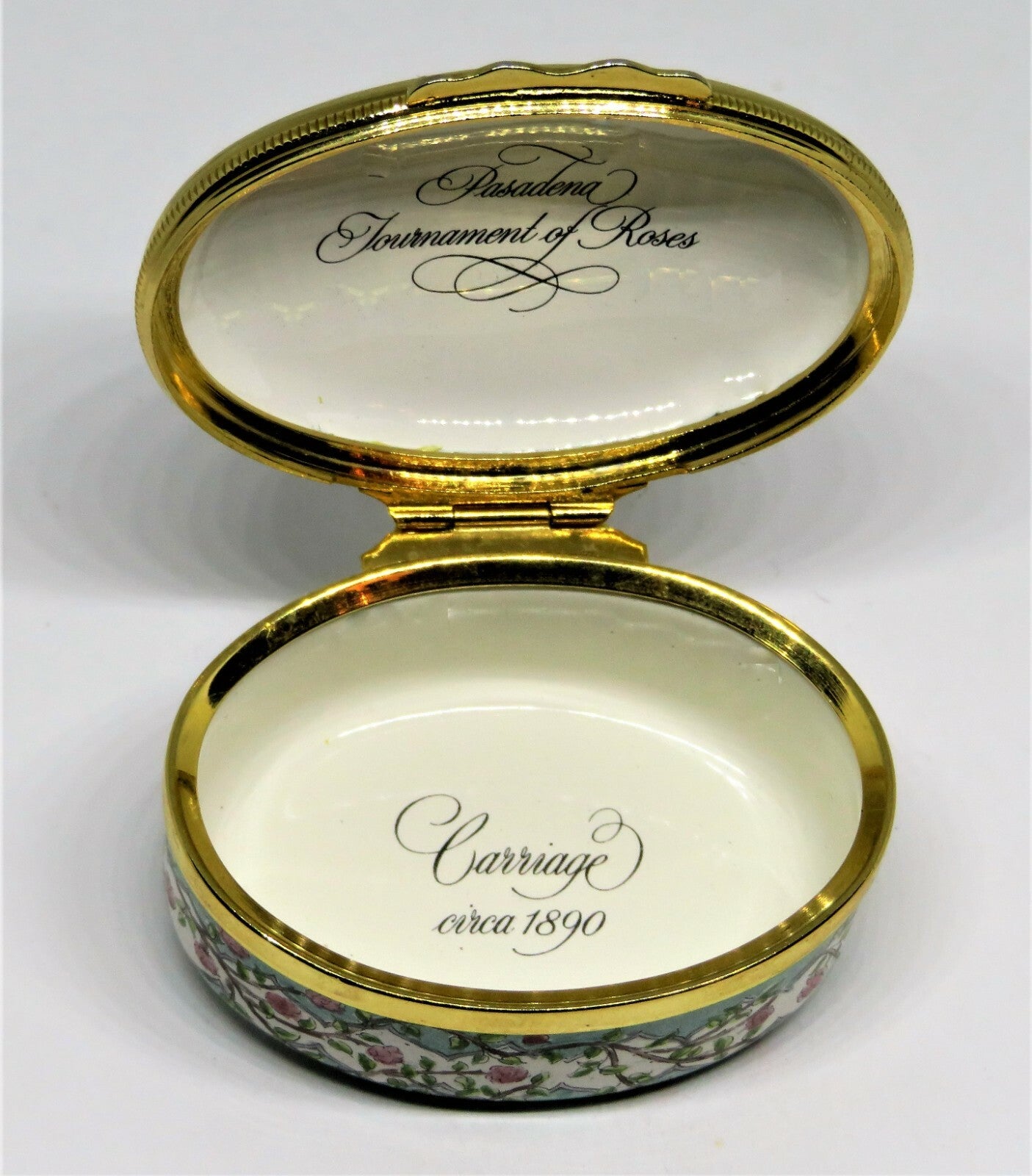 HALCYON DAYS ENAMEL BOX - FIRST TOURNAMENT OF ROSES PARADE - 1890 - PASADENA