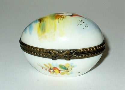 LIMOGES BOX - VINTAGE EASTER EGG & RURAL LANDSCAPE SCENE -SILO & STREAM- FLOWERS