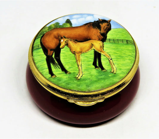 STAFFORDSHIRE ENAMELS  BOX - MOTHER & BABY HORSES - MARE & FOAL - EQUESTRIAN