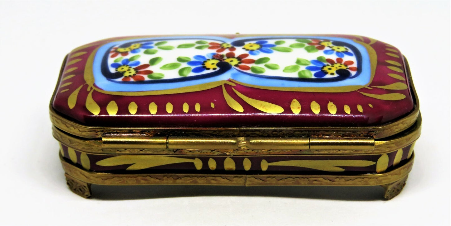 LIMOGES FRANCE BOX - EXIMIOUS - CLASSIC BURGUNDY FLORAL & METAL STAND - FLOWERS