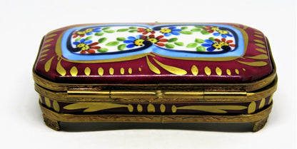 LIMOGES FRANCE BOX - EXIMIOUS - CLASSIC BURGUNDY FLORAL & METAL STAND - FLOWERS