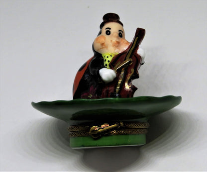 LIMOGES FRANCE BOX - WHIMSICAL LADYBUG PLAYING THE CELLO ON A LEAF - MUSIC
