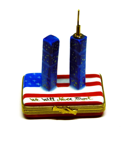 LIMOGES FRANCE BOX- TWIN TOWERS & UNITED STATES FLAG - 911 REMEMBRANCE - 238/750