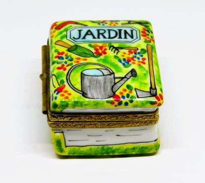 LIMOGES FRANCE BOX -LIMOGES IMPORTS- GARDENING BOOK & TOOLS - FLOWERS - "JARDIN"