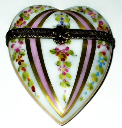 LIMOGES BOX ~ PINK & GOLD HEART ~ FLOWERS & STRIPES ~ ROSES ~ ANNIVERSARY