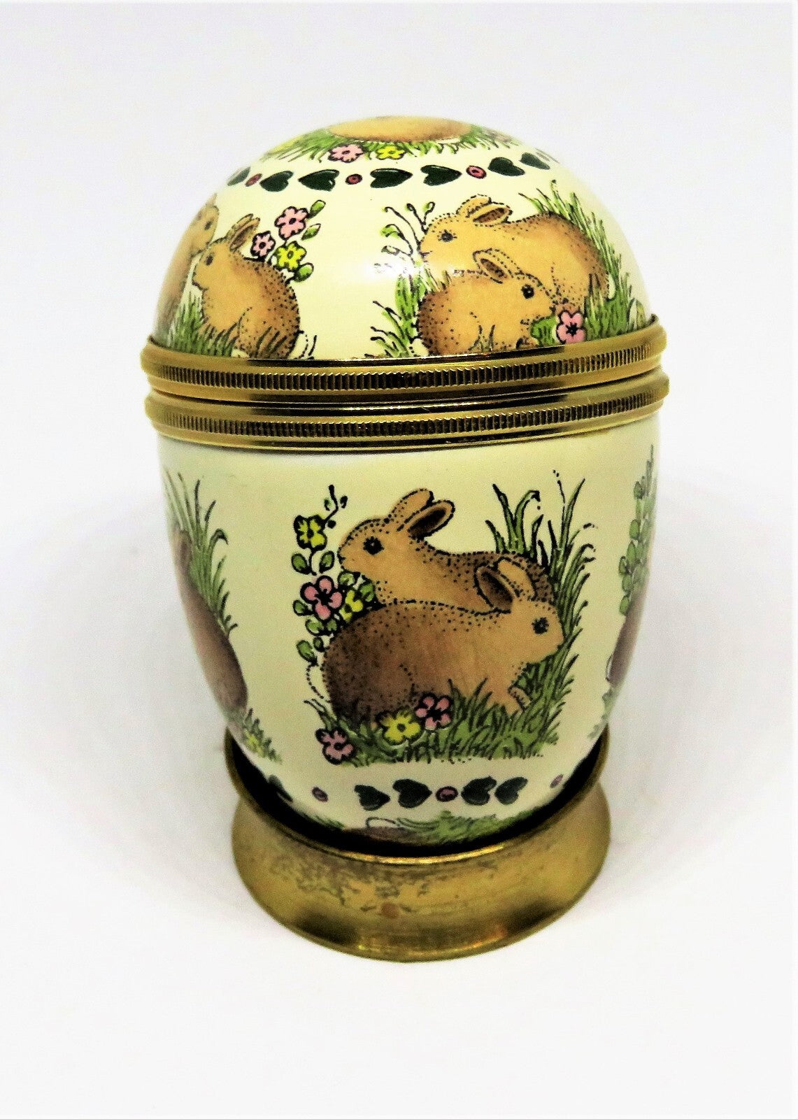 HALCYON DAYS ENAMEL BOX - VINTAGE EASTER BUNNY EGG & STAND - RABBITS & FLOWERS