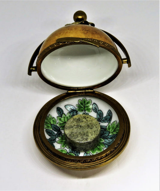 LIMOGES FRANCE BOX - DOMED CHEESE SERVER & KNIFE - CAMEMBERT - FROMAGE & LEAVES