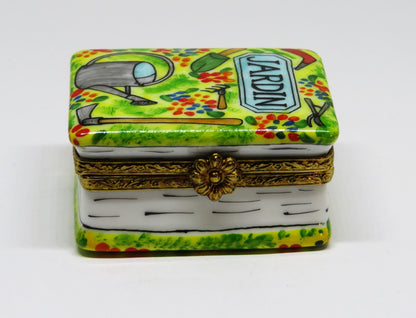 LIMOGES FRANCE BOX -LIMOGES IMPORTS- GARDENING BOOK & TOOLS - FLOWERS - "JARDIN"
