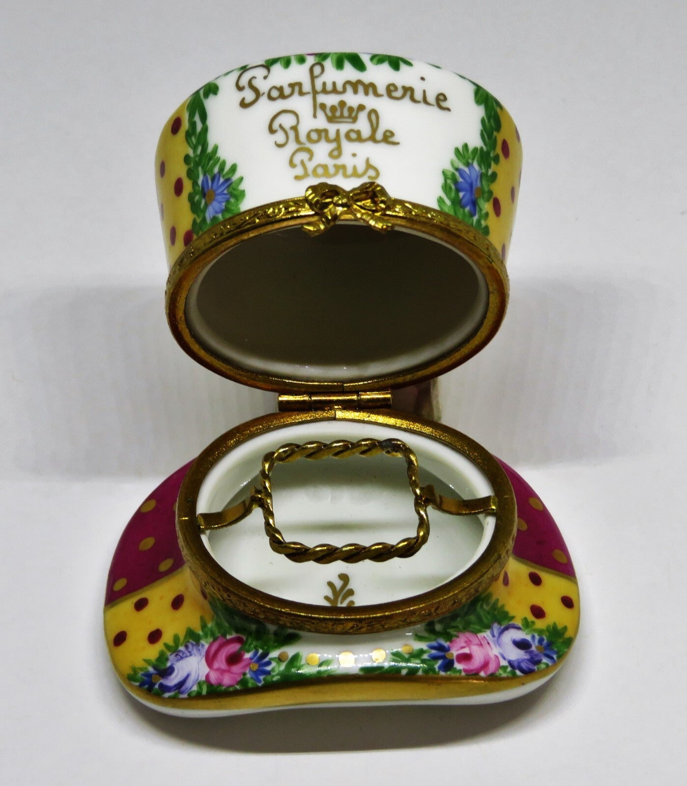 LIMOGES FRANCE BOX - PARIS PARFUMERIE HAT & PERFUME BOTTLE - FLOWERS - ROSES