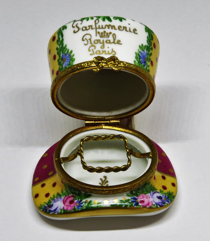 LIMOGES FRANCE BOX - PARIS PARFUMERIE HAT & PERFUME BOTTLE - FLOWERS - ROSES