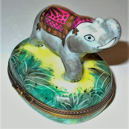 LIMOGES FRANCE BOX -ASIAN ELEPHANT & CEREMONIAL ATTIRE- JUNGLE FOLIAGE & SHRUBS